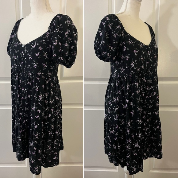 Wild Fable Black Purple Floral Sweetheart Peasant Puff Sleeve Babydoll Dress MED - Picture 4 of 12